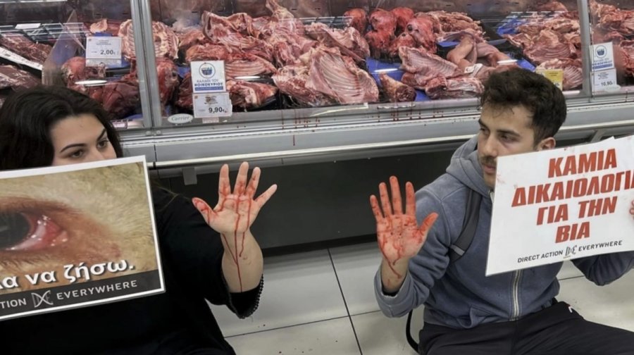 Πειραιάς: Ακτιβιστές διαμαρτυρήθηκαν και πέταξαν μπογιές σε σούπερ μάρκετ για τη «σφαγή του Πάσχα»