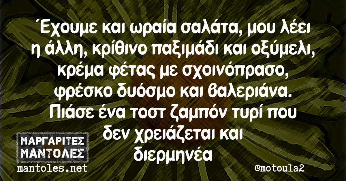 Έχουμε και ωραία σαλάτα, μου λέει η άλλη, κρίθινο παξιμάδι και οξύμελι, κρέμα φέτας με σχοινόπρασο, φρέσκο δυόσμο και βαλεριάνα. Πιάσε ένα τοστ ζαμπόν τυρί που δεν χρειάζεται και διερμηνέα